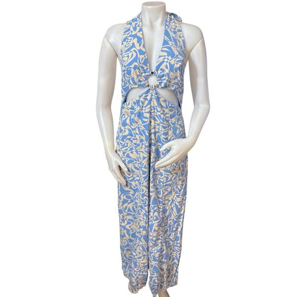 Free People Kira Blue Printed O-Ring Wide Leg Halter Neck Jumpsuit Small S - Picture 1 of 11